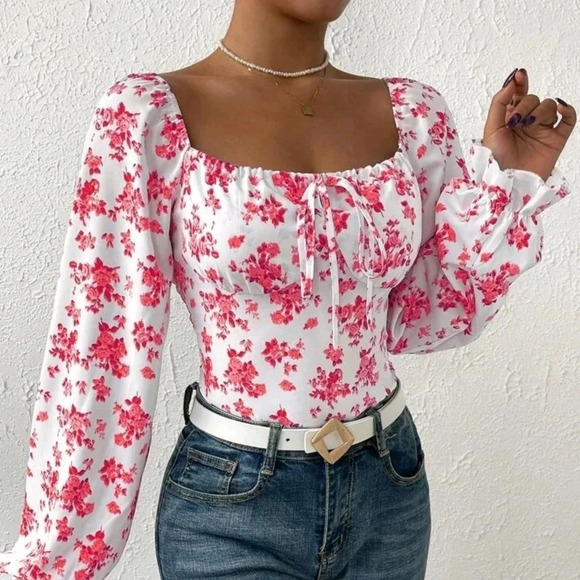 Casual Floral Patchwork Square Neck Ruffled Short Sleeve Bodysuit - Picture 6 of 6